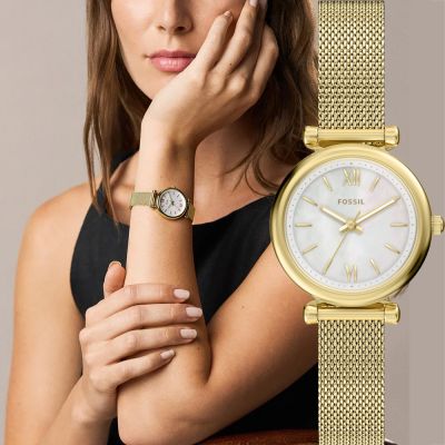FOSSIL Carlie Mini 簡約大三針珍珠貝米蘭帶女錶 開學購物季 送禮首選-28mm ES5462