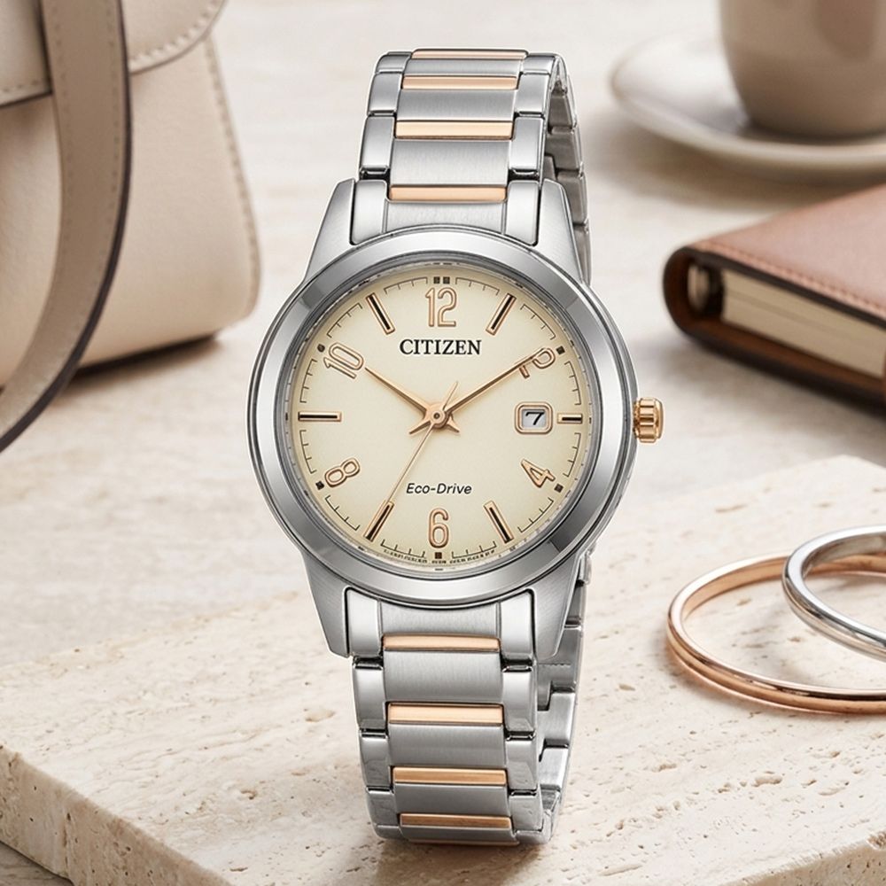 CITIZEN 星辰 簡約大三針光動能女錶 開學購物季 送禮首選-米x玫瑰金/29.4mm FE1244-72A