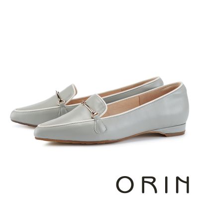 ORIN 尖頭牛皮金屬橫飾平底樂福鞋 灰色