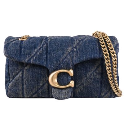 COACH TABBY 26 金屬C LOGO絎縫丹寧布翻蓋式斜背包/鍊包(牛仔藍)