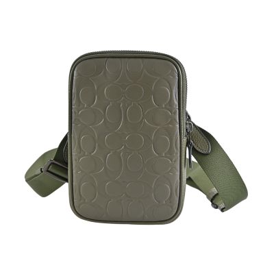 COACH橄欖綠C LOGO浮雕拼接素面皮革方型小款斜背男包