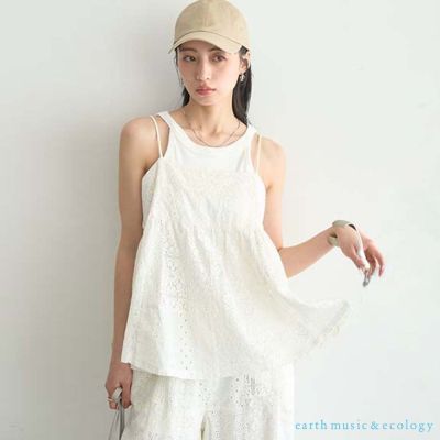 〈earth music〉精緻鏤空蕾絲後綁結細肩背心上衣