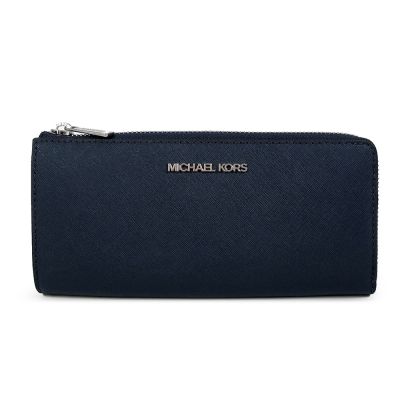 MICHAEL KORS Jet Set Travel 銀字Logo防刮皮革L型拉鍊長夾(海軍藍)