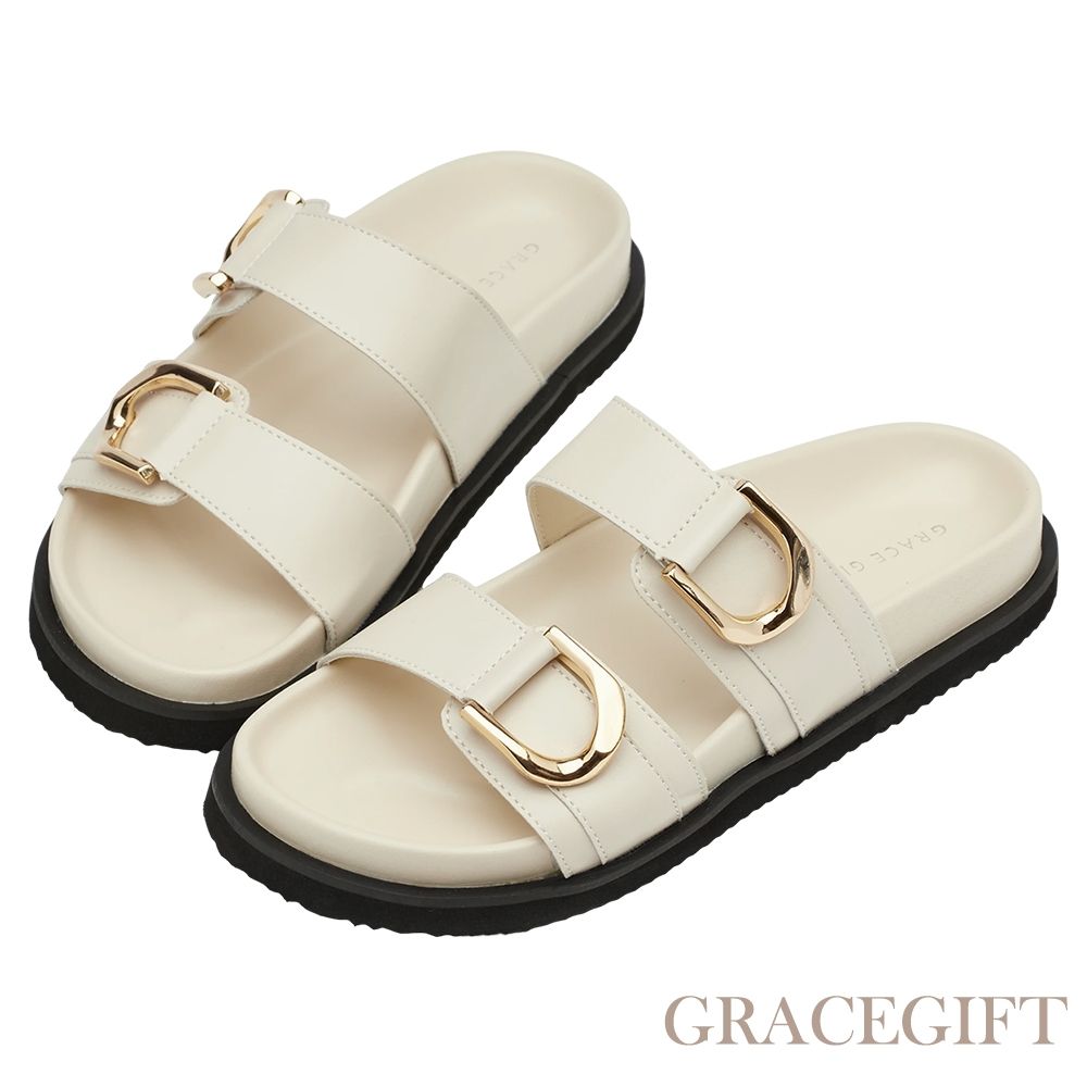 【Grace Gift】日光奶茶復古金屬扣雙帶拖鞋 米白