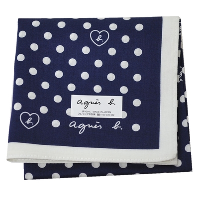 agnes b 繽紛圓點愛心b.圖騰LOGO帕領巾(深藍底/白邊/52CM)