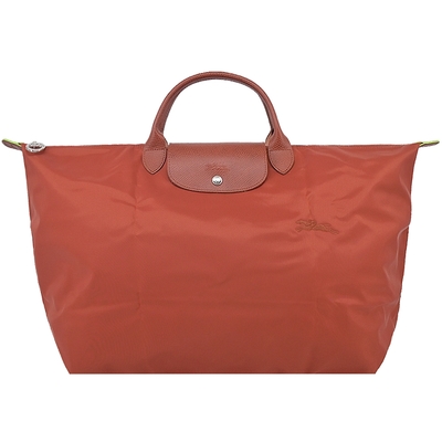 LONGCHAMP LE PLIAGE GREEN系列刺繡短把再生尼龍摺疊旅行袋(大/栗子紅)