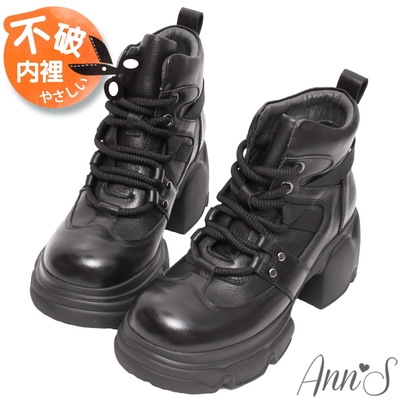Ann’S顯瘦拉提-輕量厚底綁帶真皮牛皮短靴6cm-黑
