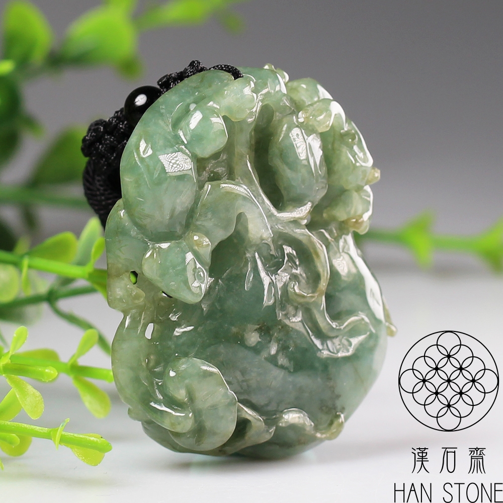 天然翡翠A貨 漢石齋】天然翡翠A貨瑞獸福瓜鏤空雕玉佩吊墜飄花種(42*49*12mm) | 漢石