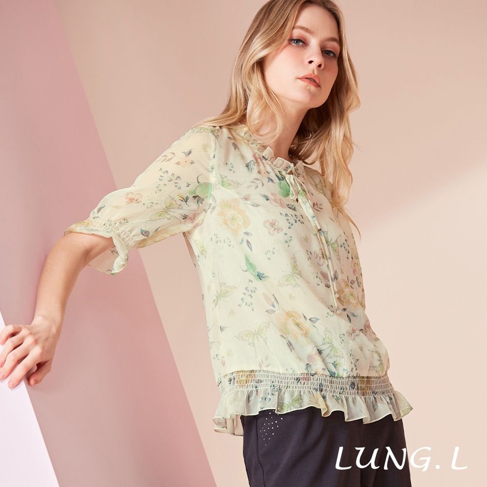 LUNG.L林佳樺 柔美米色印花領綁結五分袖女裝上衣 LU32A