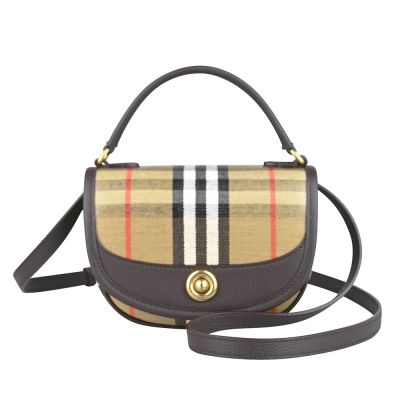 BURBERRY經典格紋塗層棉麻布拼接小牛皮磁釦手提斜背馬鞍包(迷你/典藏米x深棕)