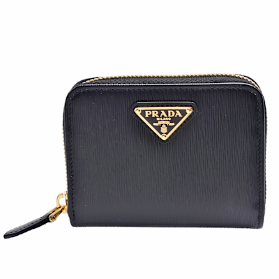 PRADA 經典金色三角LOGO直紋牛皮拉鍊卡夾/零錢包(黑)