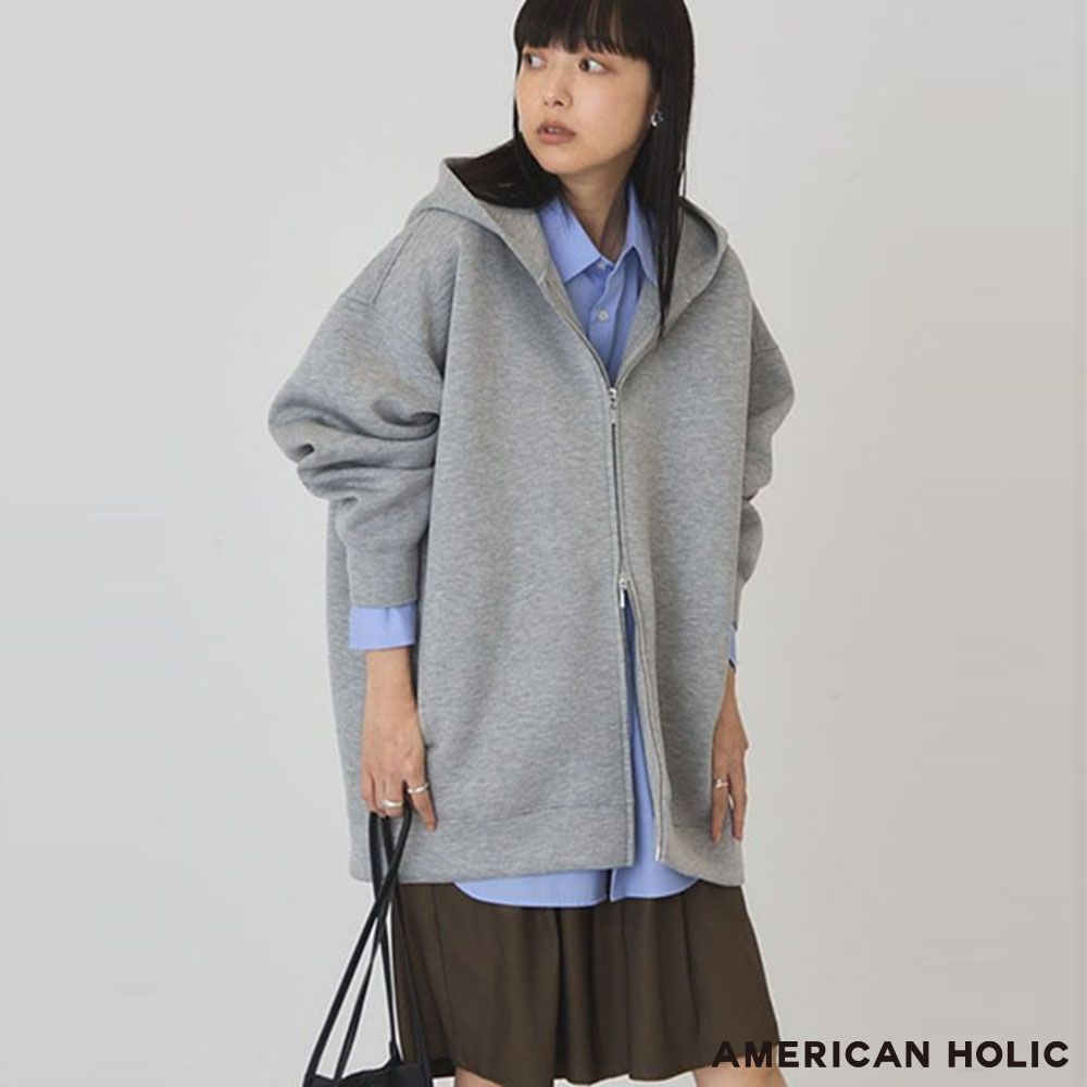 〔AMERICAN HOLIC〕休閒寬鬆雙拉鍊連帽長版外套