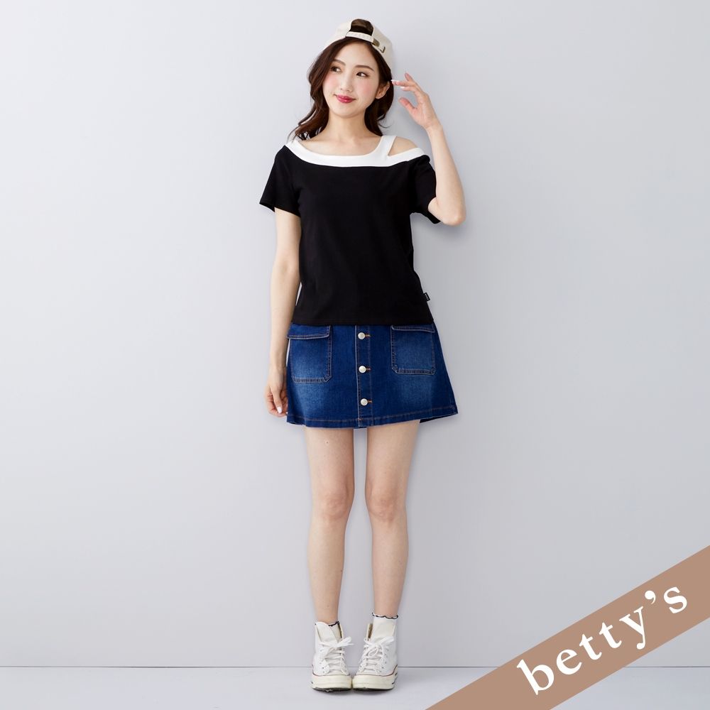 betty’s貝蒂思 撞色寬領露肩短袖T-shirt (黑色) (黑色)