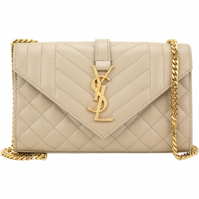 YSL Saint Laurent聖羅蘭 YSL Saint Laurent MONOGRAM 小款 車縫小牛皮鍊帶信封包(深米色)