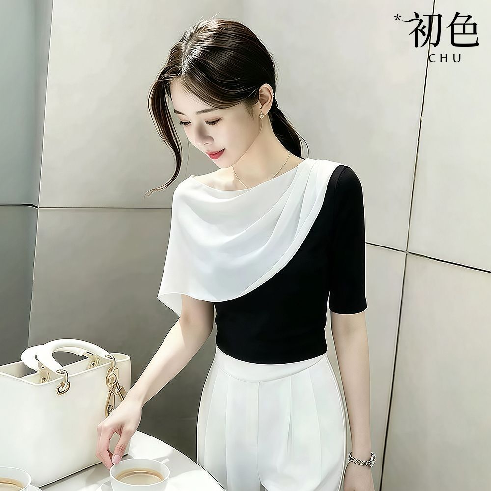 初色 法式輕奢風拼接撞色不對稱斜披肩設計短袖T恤上衣女上衣-黑白色-51850(M-XL可選)