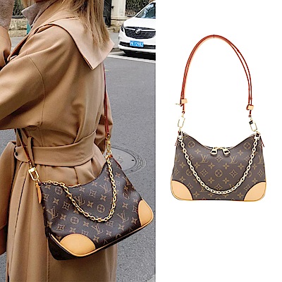 LOUIS VUITTON路易威登 Louis Vuitton LV路易威登 M45832 Boulogne 老花塗層帆布拼牛皮鍊帶肩背腋下包(咖啡x卡其)
