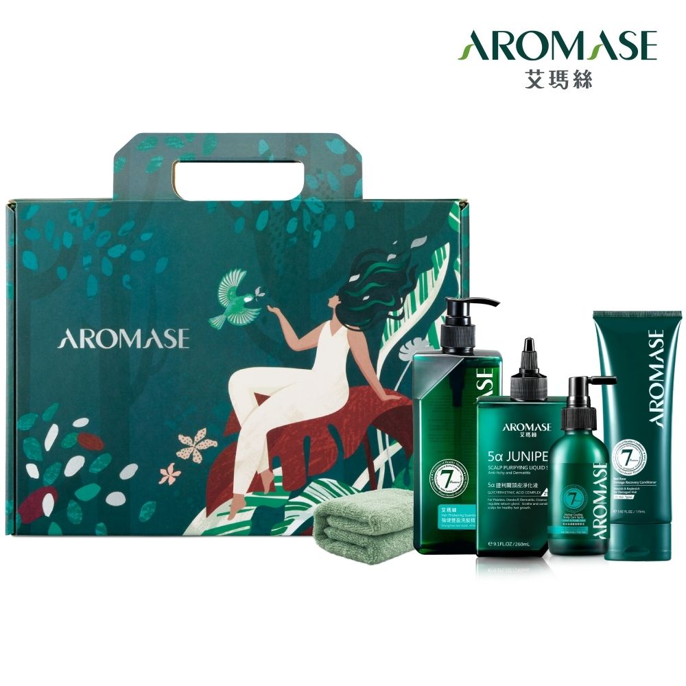 AROMASE 艾瑪絲 根本療癒自然煥新禮盒(頭皮淨化液260mL+森系列洗髮精400mL+養髮精華液115mL+髮質修護素175mL+親膚方巾)
