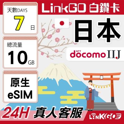 LINKGO白鑽卡 日本原生 eSIM卡 DOCOMO/IIJ電信  7天 總量型10GB(日本網卡 沖繩 大阪 北海道 東京)