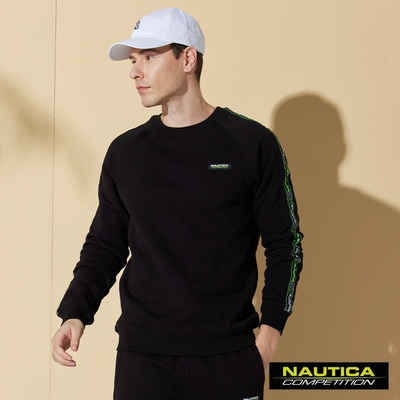 NAUTICA男裝 COMPETITION 時尚LOGO織帶刷毛長袖大學T-黑色