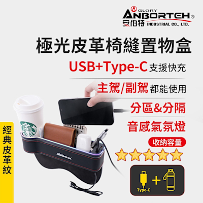 【安伯特】極光皮革椅縫置物盒-USB+Type-C充電款 (汽車座椅置物盒 椅縫置物盒 車用收納)