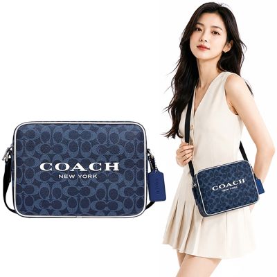 COACH 單寧藍色大C PVC斜背相機包-大型