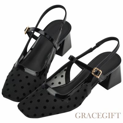 【Grace Gift】日系方頭波點網紗後空跟鞋 黑
