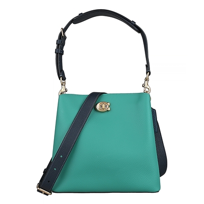 COACH WILLOW金字C金屬LOGO牛皮旋鎖手提斜背水桶兩用包(綠x深藍)