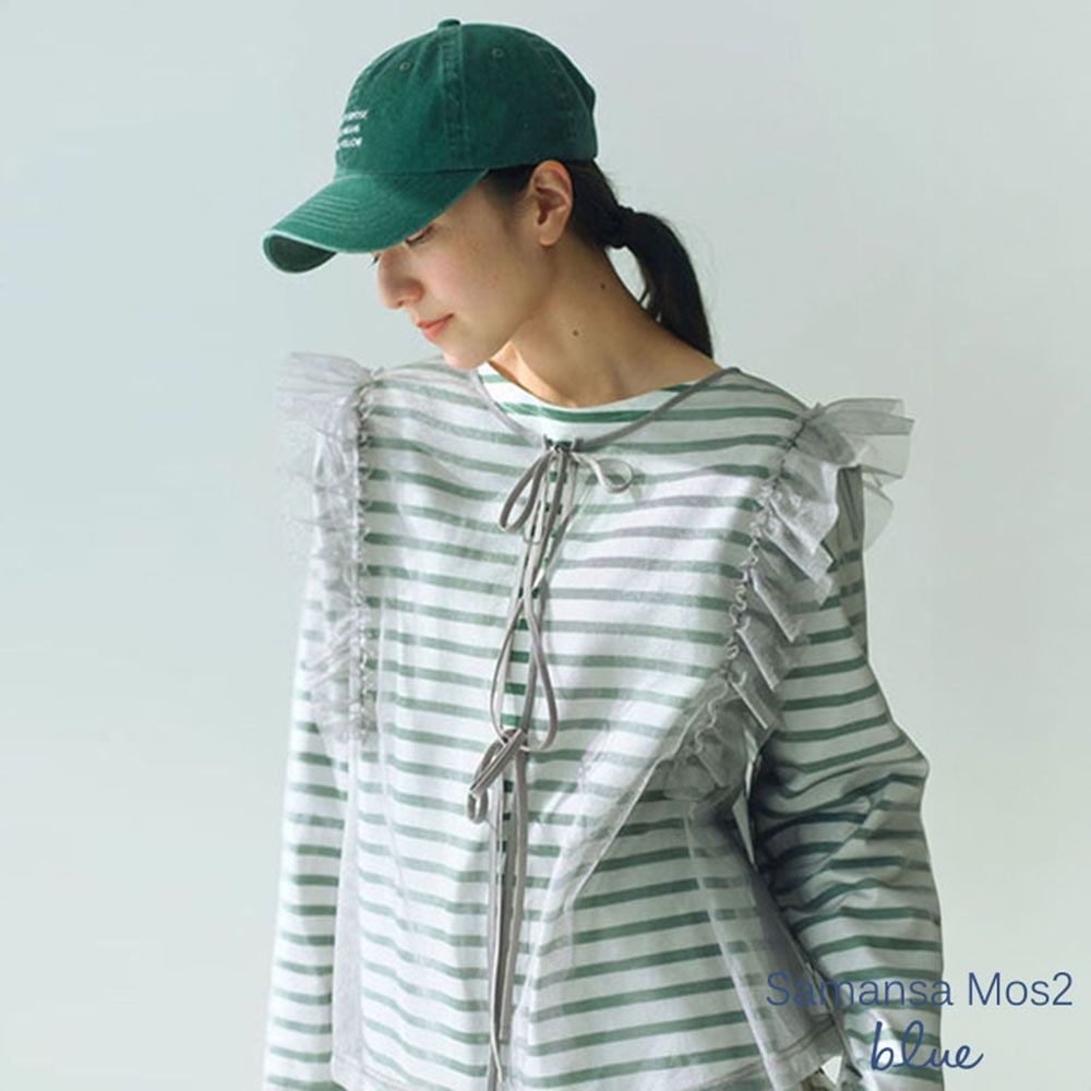 Samansa Mos2 blue 2WAY正反兩穿透明感荷葉造型綁帶上衣