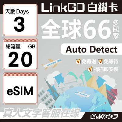 LINKGO白鑽卡 全球66國 eSIM卡 3天上網絡卡 總流量20GB(全球網絡卡 亞洲 歐洲 美洲 大洋洲 非洲)