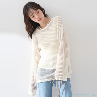 earth music【SET ITEM】透明感網眼圓領長袖上衣+內搭背心