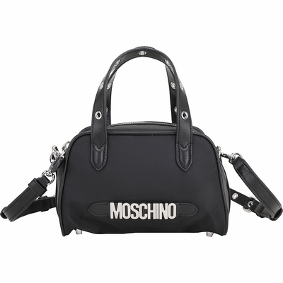 MOSCHINO 銀字徽標牛皮拼尼龍手提/斜背波士頓包(黑色)