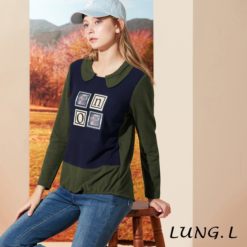 LUNG.L林佳樺 橄欖綠拼接藍色搭配貼布繡長袖女裝上衣LQ93A