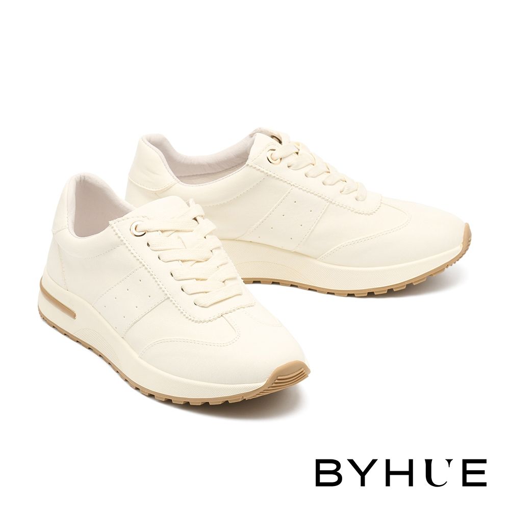 休閒鞋 BYHUE 日常百搭撞色膠條牛皮綁帶軟芯厚底休閒鞋－杏