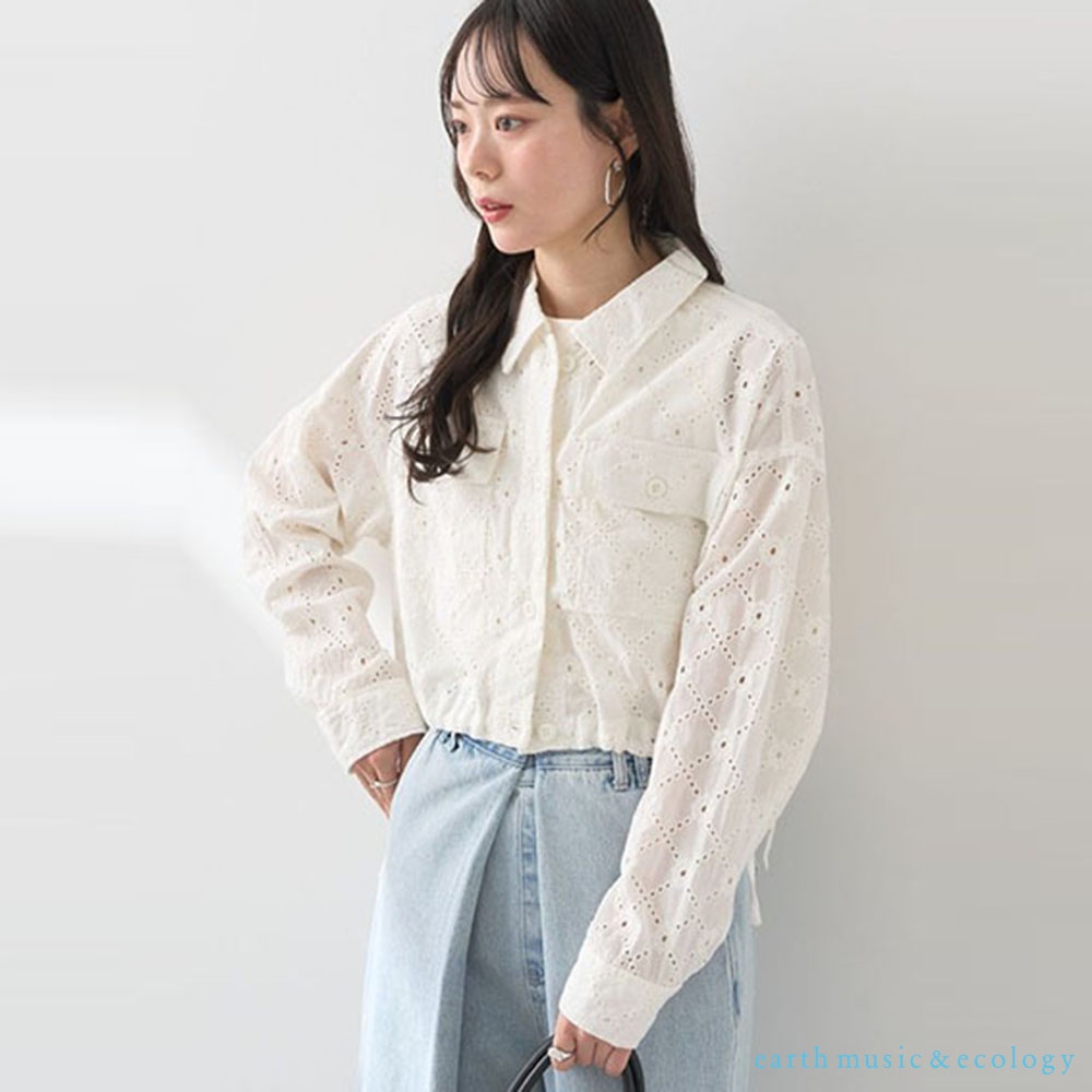 earth music 鏤空刺繡蕾絲下擺抽繩中短版純棉襯衫