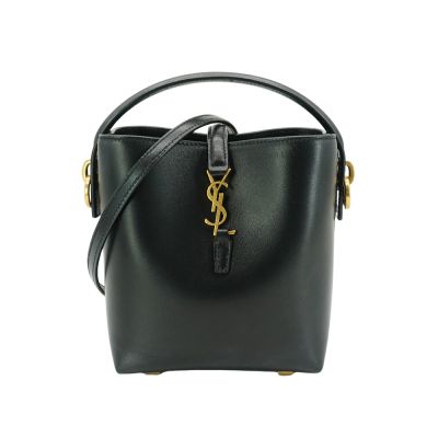 YSL 展示品 LE 37 小羊皮金釦迷你水桶包(765870-黑)