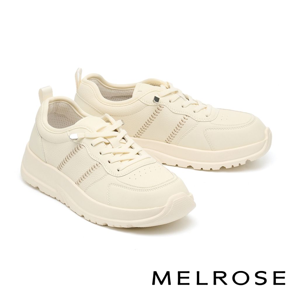 休閒鞋 MELROSE 美樂斯 簡約率性麥穗繡線牛皮彈力鞋帶厚底休閒鞋－米白