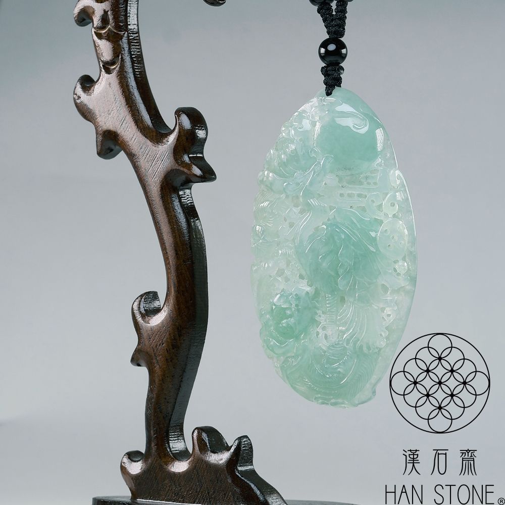 漢石齋】天然翡翠A貨鳳凰呈祥鏤空雕玉佩吊墜冰種飄花(38*69*8mm) | 漢