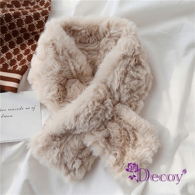 Decoy 法式微捲 保暖交叉皮草絨脖圍圍巾 奶茶米