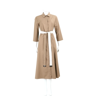MAX MARA-’S Max Mara OLIMPIA 純棉卡其棕襯衫式連身裙 洋裝(附綁帶)