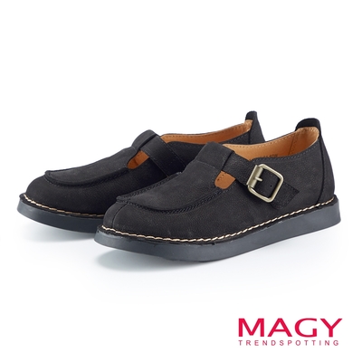 MAGY 復古車線T字真皮休閒鞋 黑色