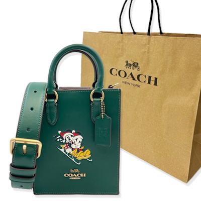 COACH X迪士尼聯名款米奇米妮斜背小琴譜包附紙袋(復古綠)