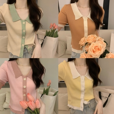 La Belleza翻領POLO領撞色排釦袖子配色坑條彈性針織上衣