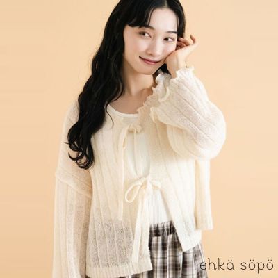 〚ehka sopo〛甜美荷葉捲邊雙綁帶短版開襟罩衫