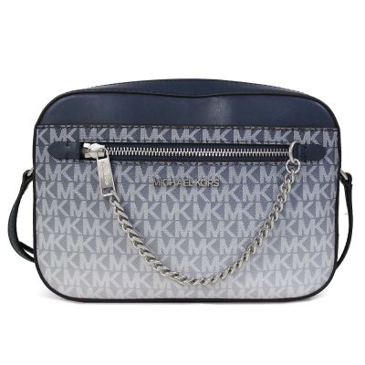 MICHAEL KORS Jet Set Item 銀字Logo防刮漸層銀鏈妝點斜背方包(海軍藍)