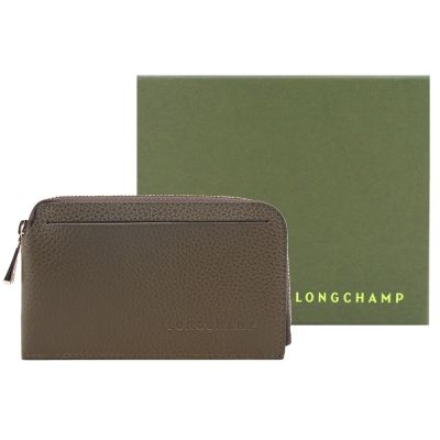 LONGCHAMP LE FOULONNÉ系列牛皮卡片零錢包(酸豆綠)