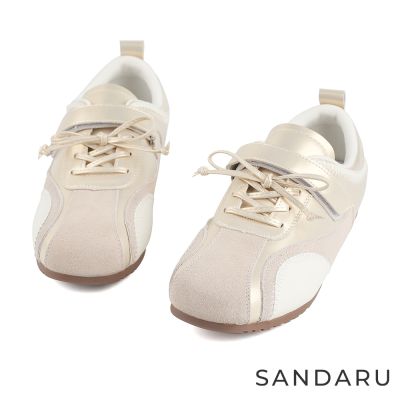 山打努SANDARU-運動鞋 拼接方頭綁帶魔鬼氈運動鞋-香檳