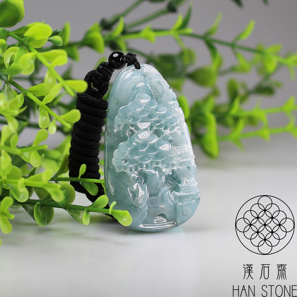 漢石齋】天然A貨藍水飄花種翡翠山水玉佩吊墜(34*57*10mm) | 漢石齋