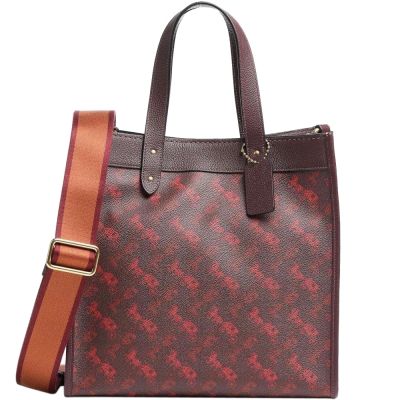 【COACH】FIELD專櫃款酒紅PVC滿版馬車LOGO長型大款手提斜背托特包