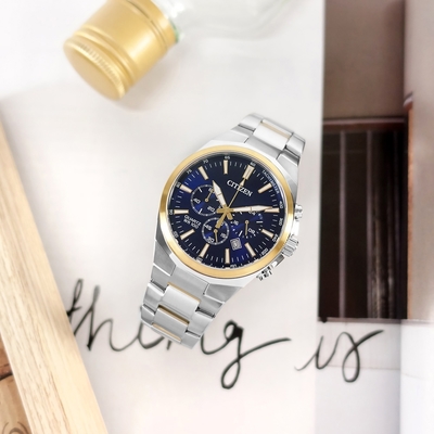CITIZEN 星辰錶 / AN8176-52L / 經典商務 三眼計時 日期 防水100米 不鏽鋼手錶-藍x鍍金/40mm