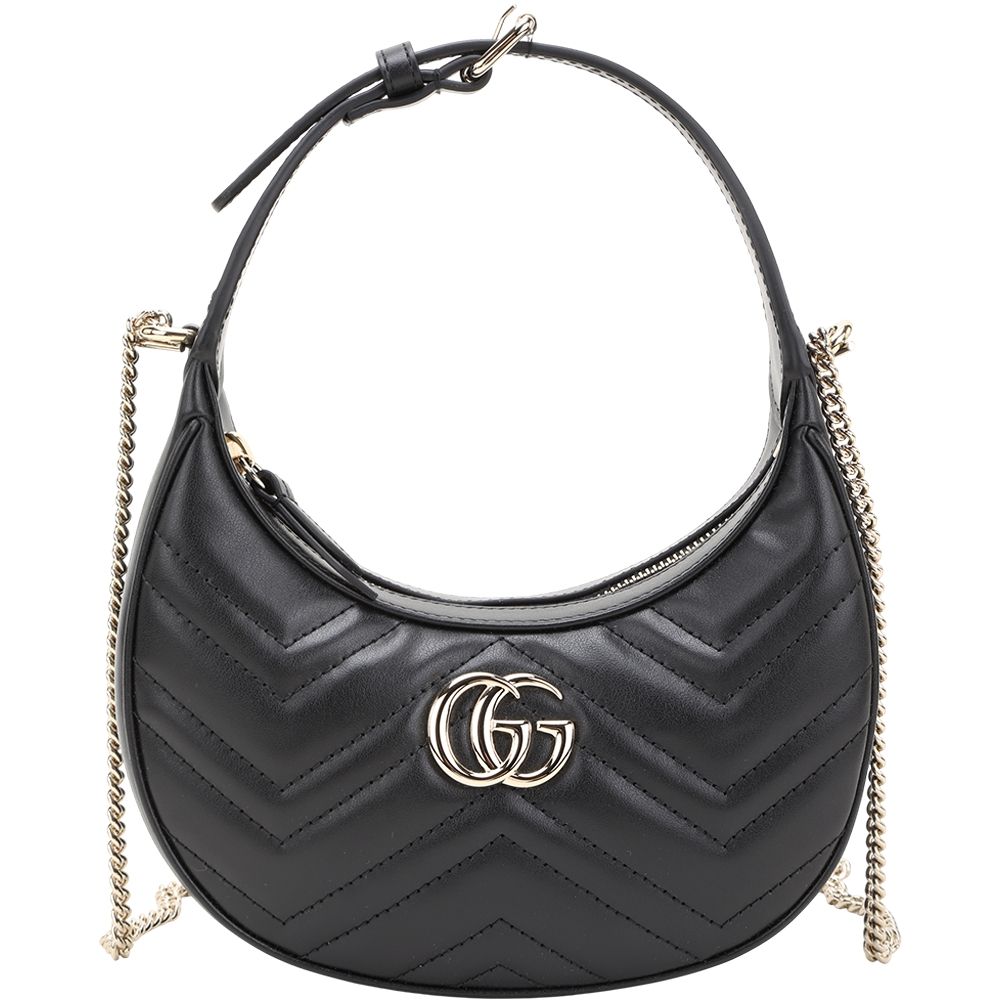 GUCCI 古馳 GG Marmont 絎縫牛皮亮金鍊帶肩背/斜背彎月包